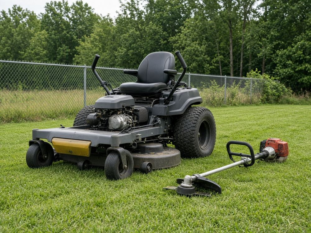 Illustrative image: a zero-turn mower and string trimmer on cut grass at a fenced rural site